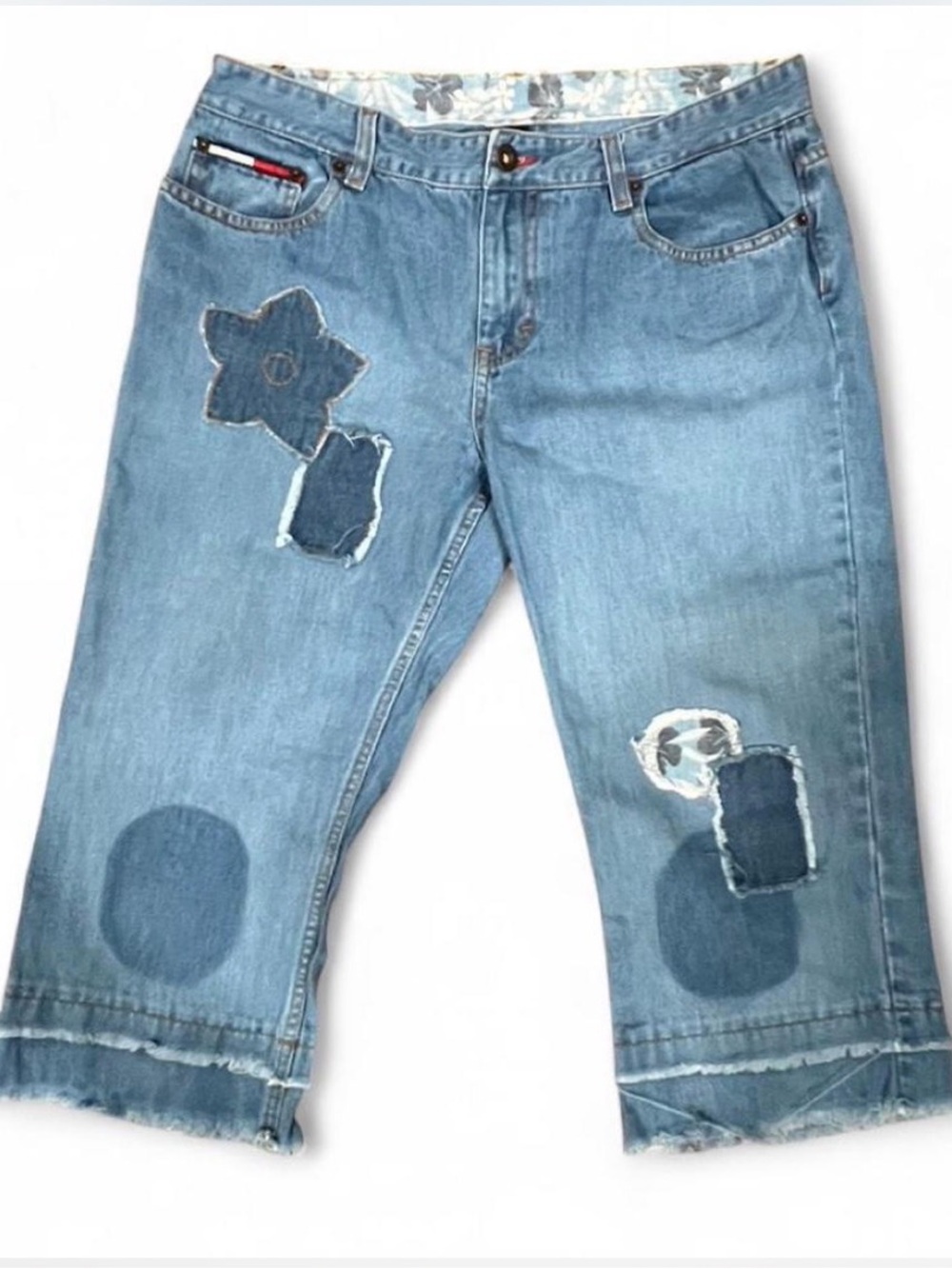 Rare Vintage Light Wash Patchwork Denim Capri Shorts - Blue